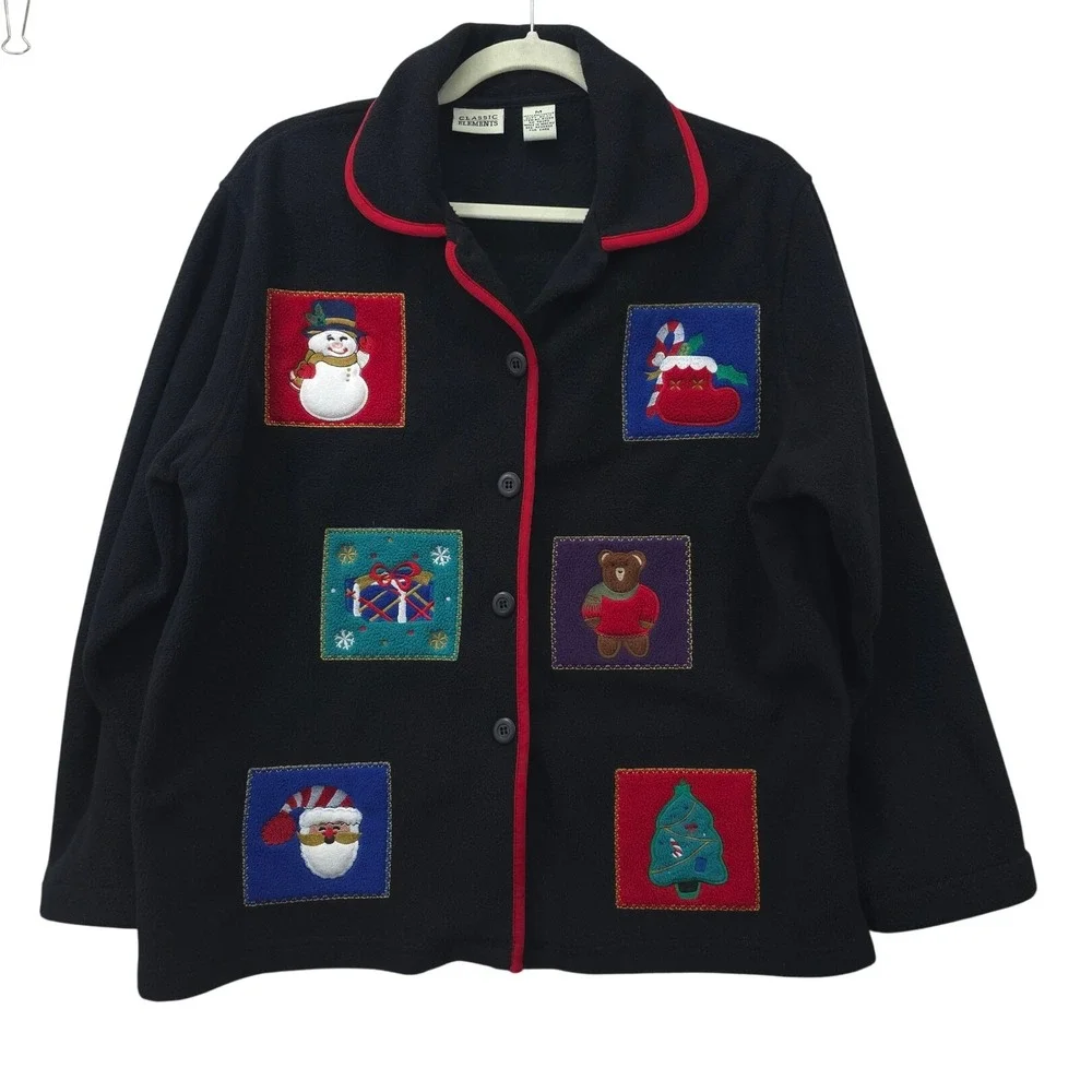 Classic Elements Vintage Christmas Fleece Cardigan Black Holiday Patch Jacket M